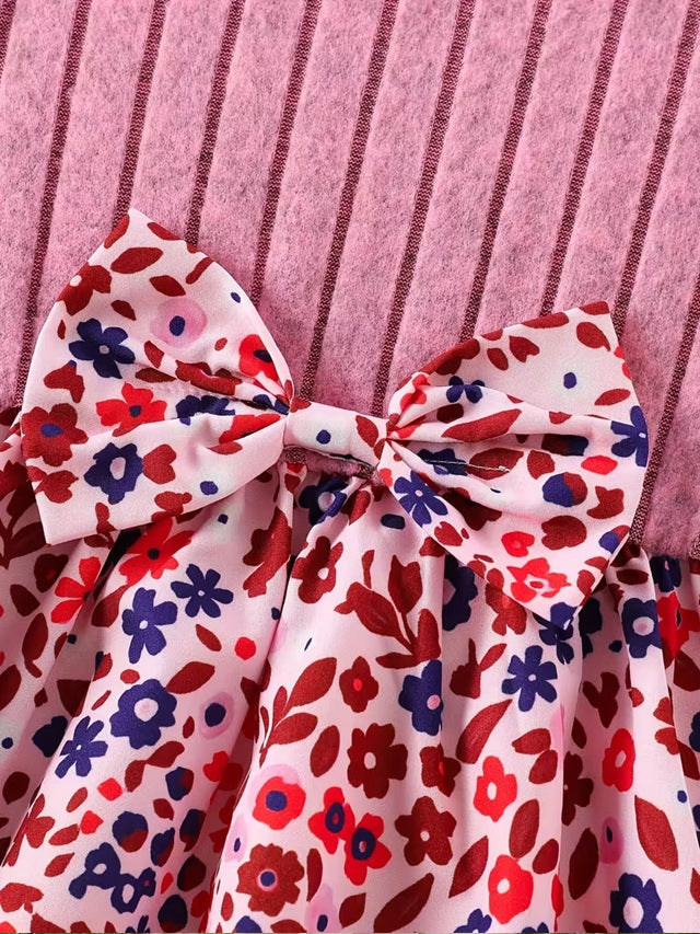 Pink Floral Long Sleeve Dress with Bow Hem for Girls, Detail Round Neck A-Line Fall Casual and Semi Formal Outfit