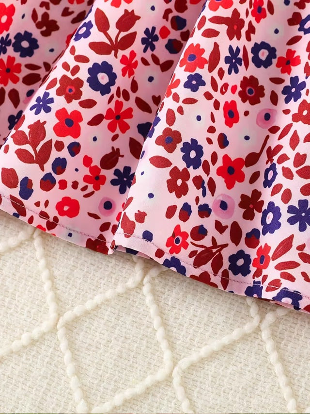 Pink Floral Long Sleeve Dress with Bow Hem for Girls, Detail Round Neck A-Line Fall Casual and Semi Formal Outfit