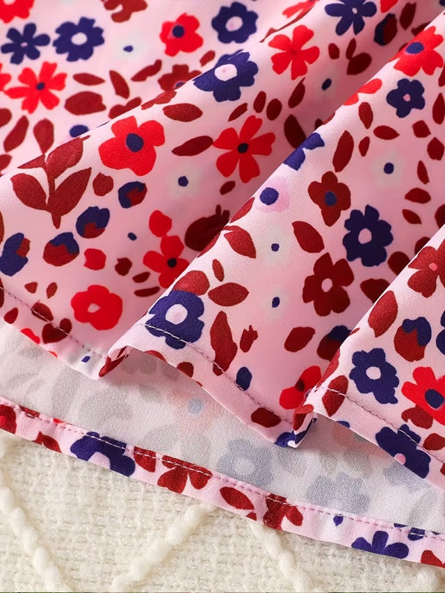 Pink Floral Long Sleeve Dress with Bow Hem for Girls, Detail Round Neck A-Line Fall Casual and Semi Formal Outfit