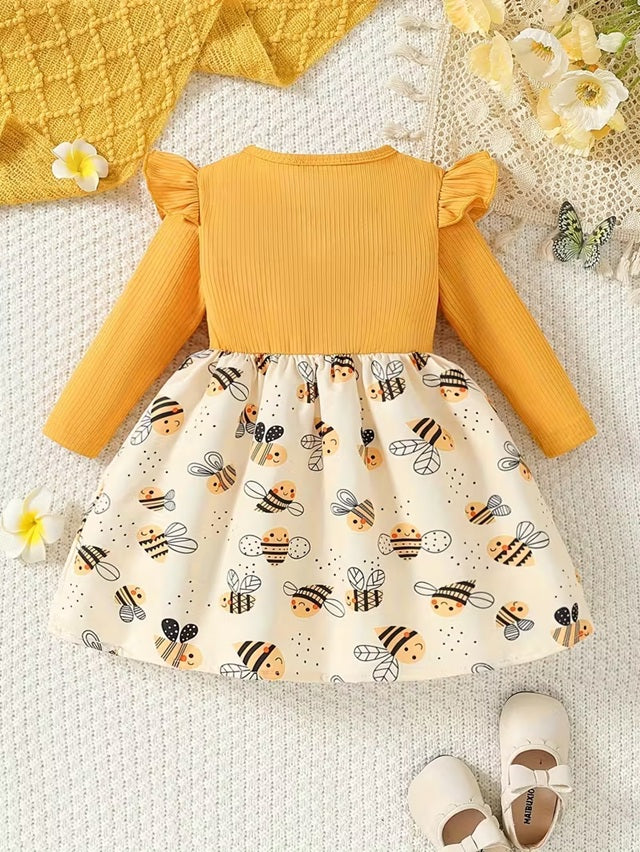 Ladybug Print Long Sleeve Dress for Girls, Red and White Knee Length Soft Round Neck Pleated Hem Autumn Toddler and 2-3 Year Girls Outfit