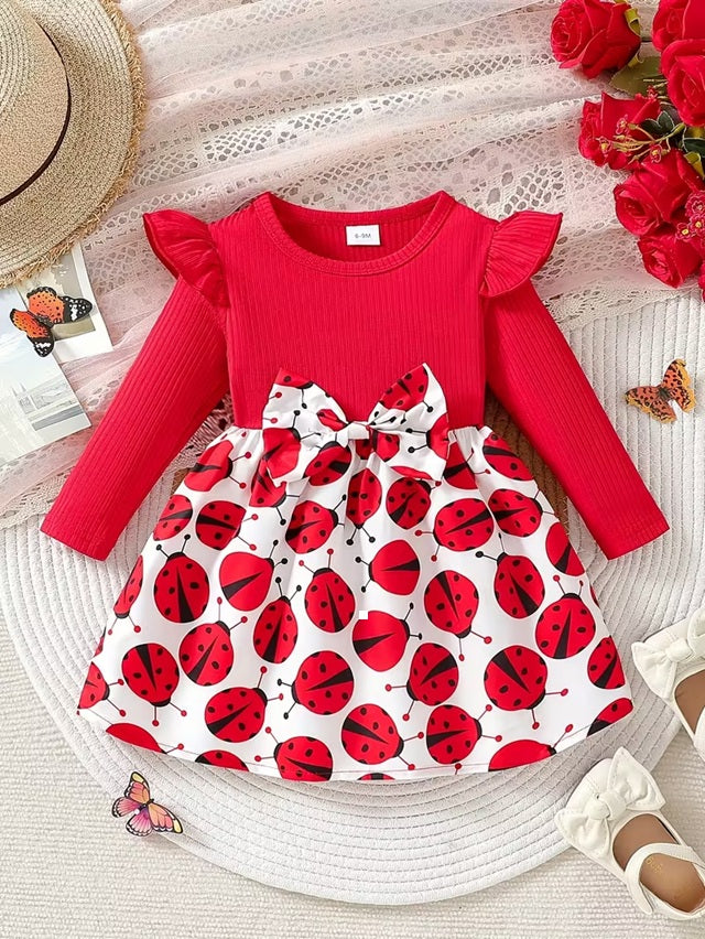 Ladybug Print Long Sleeve Dress for Girls, Red and White Knee Length Soft Round Neck Pleated Hem Autumn Toddler and 2-3 Year Girls Outfit