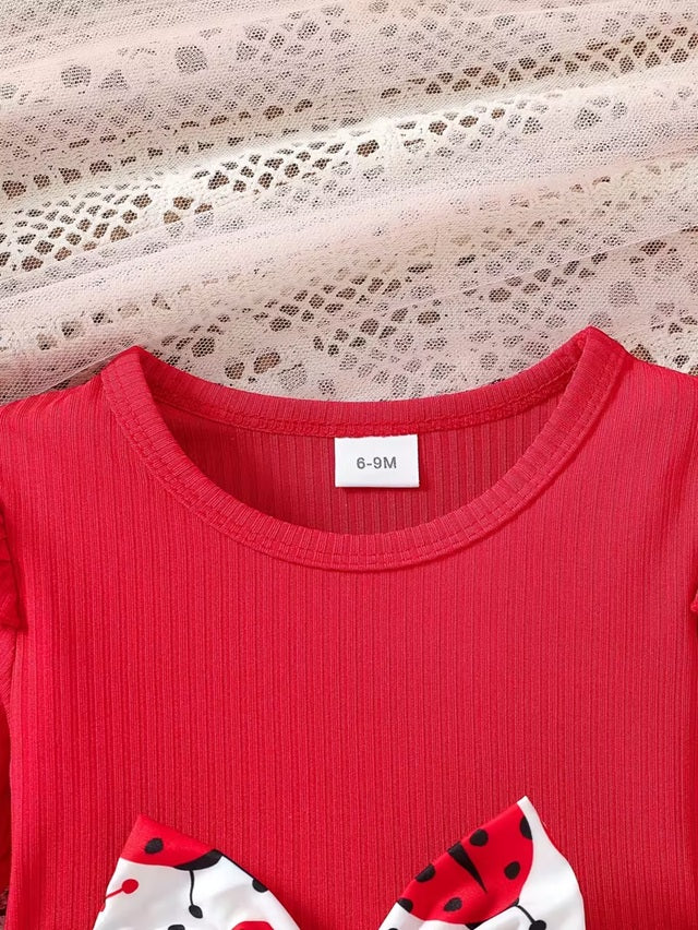 Ladybug Print Long Sleeve Dress for Girls, Red and White Knee Length Soft Round Neck Pleated Hem Autumn Toddler and 2-3 Year Girls Outfit