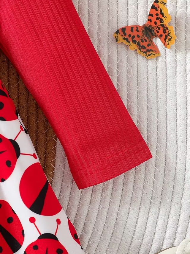 Ladybug Print Long Sleeve Dress for Girls, Red and White Knee Length Soft Round Neck Pleated Hem Autumn Toddler and 2-3 Year Girls Outfit