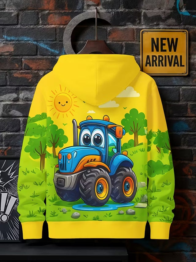 Boys’ Yellow Farm Tractor Hoodie – Cute Blue Tractor Print Pullover for Kids 1–7 Years, Cozy Fall/Winter Sweatshirt for Tractor-Loving Boys