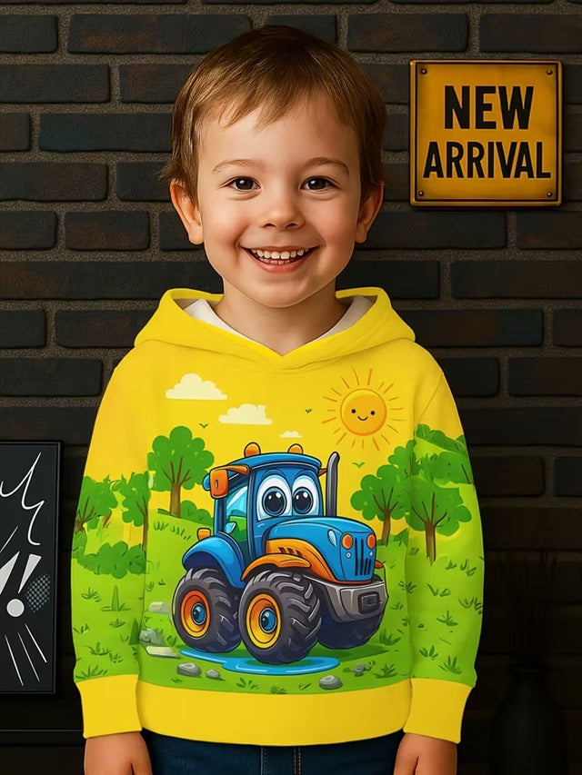 Boys’ Yellow Farm Tractor Hoodie – Cute Blue Tractor Print Pullover for Kids 1–7 Years, Cozy Fall/Winter Sweatshirt for Tractor-Loving Boys