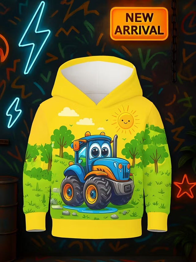 Boys’ Yellow Farm Tractor Hoodie – Cute Blue Tractor Print Pullover for Kids 1–7 Years, Cozy Fall/Winter Sweatshirt for Tractor-Loving Boys