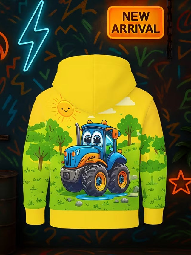 Boys’ Yellow Farm Tractor Hoodie – Cute Blue Tractor Print Pullover for Kids 1–7 Years, Cozy Fall/Winter Sweatshirt for Tractor-Loving Boys