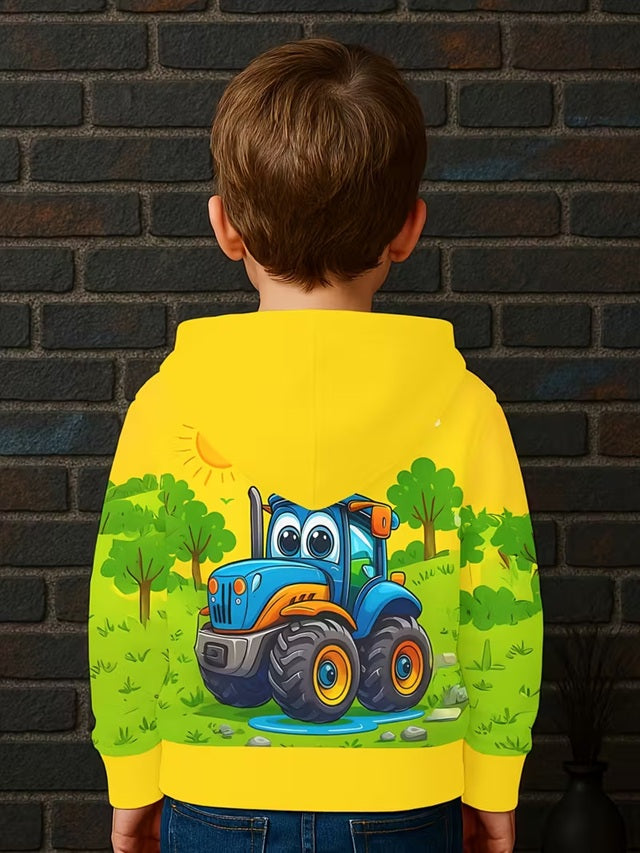 Boys’ Yellow Farm Tractor Hoodie – Cute Blue Tractor Print Pullover for Kids 1–7 Years, Cozy Fall/Winter Sweatshirt for Tractor-Loving Boys