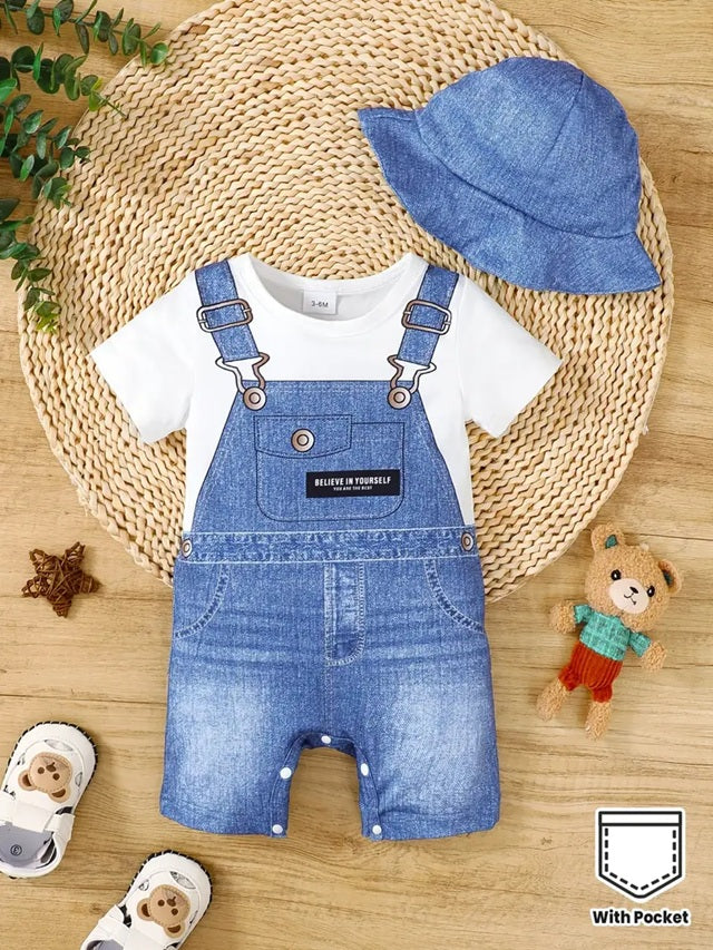 2pcs Boys' Short-Sleeve Newborn Romper Set - Adorable Faux Denim Print Jumpsuit with Pockets & Matching Hat