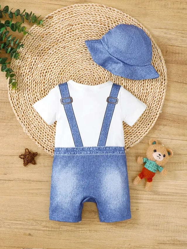 2pcs Boys' Short-Sleeve Newborn Romper Set - Adorable Faux Denim Print Jumpsuit with Pockets & Matching Hat