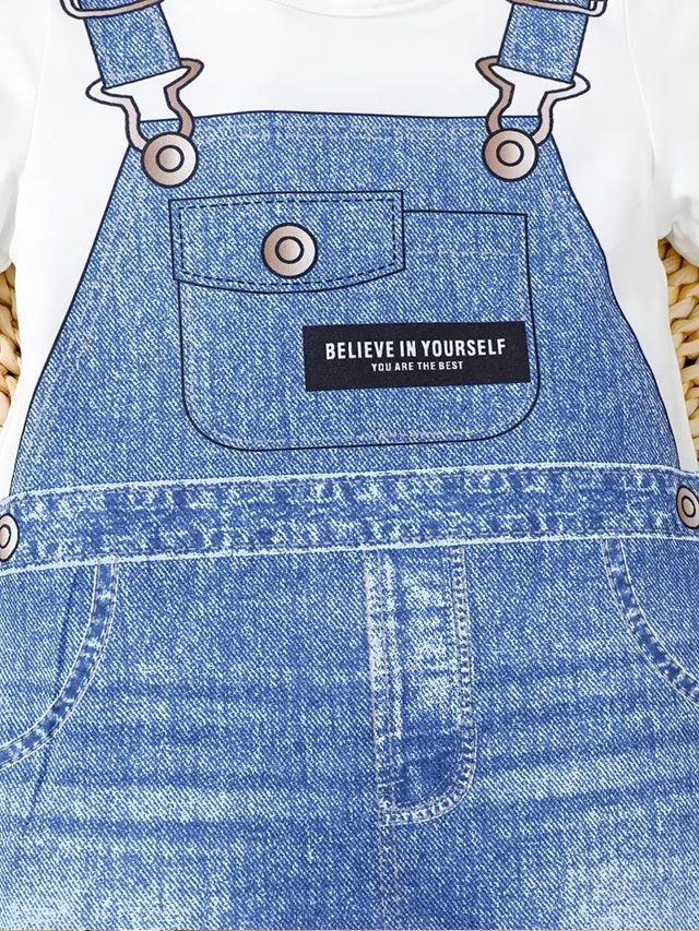 2pcs Boys' Short-Sleeve Newborn Romper Set - Adorable Faux Denim Print Jumpsuit with Pockets & Matching Hat