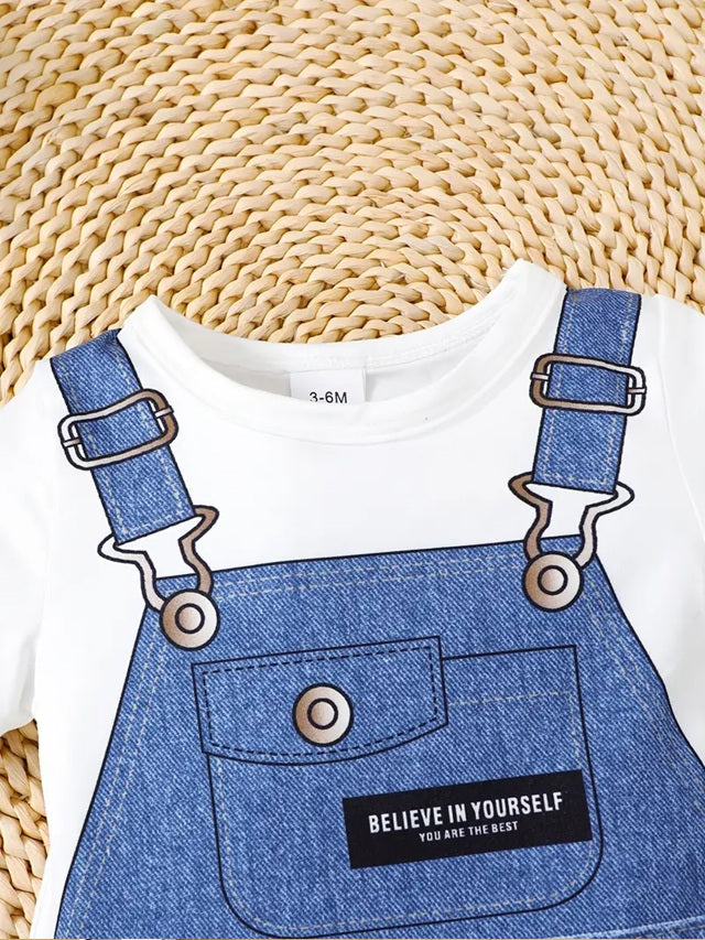 2pcs Boys' Short-Sleeve Newborn Romper Set - Adorable Faux Denim Print Jumpsuit with Pockets & Matching Hat