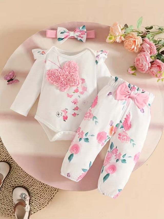 Baby Girl Floral 3-Piece Outfit Set with Long Sleeve Top, Elastic Pants and Matching Headband Spring and Autumn Clothing